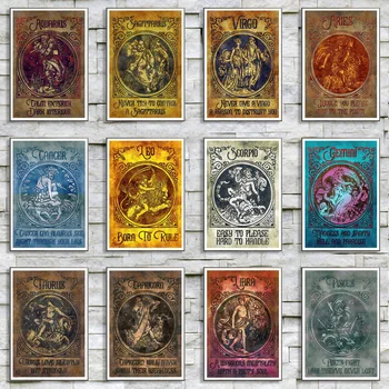 Ретро плакат с 12 марки на декор и щампи, Зодиакални хороскопи, платно, изкуство, астрология, ретро стенни картини за всекидневната, стенни картини, живопис