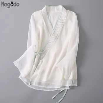Ризата е от 100% естествена коприна Nagodo 2023, лятна бяла свободна жена китайска блуза със седем разклонения, ретро традиционен китайски топ Hanfu
