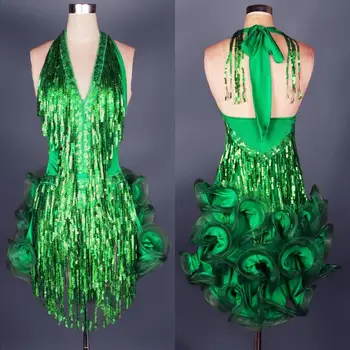 рокля за латино танци, зелен професионален костюм за жени, костюм за самба с ресни, цветни женски бални рокли за състезания, четката
