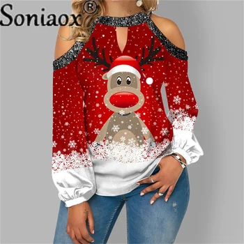 С Коледа, женска тениска с пайети и шарките на лосове с открити рамене, дамски нова градинска тениска с кръгло деколте и дълъг ръкав