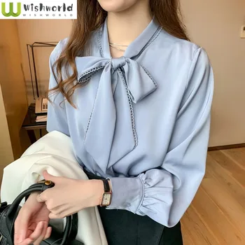 Сатен шифоновая риза с дълги ръкави и лък в корейски стил, свободен ден за ден най-елегантна дамска риза, офис блуза, дрехи