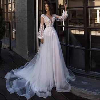 Сватбена рокля от Фатина с Пет Подметки 2021, Трапециевидное Рокля с V-образно деколте и Дълъг Ръкав-Фенерче, Дантелени Апликации Рокля на Булката С Влак, Vestidos De Noiva