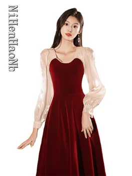 Сватбени рокли в стил мозайка, сексуална винтажное рокля от френски кадифе с цвят на червено вино, елегантна вечерна рокля