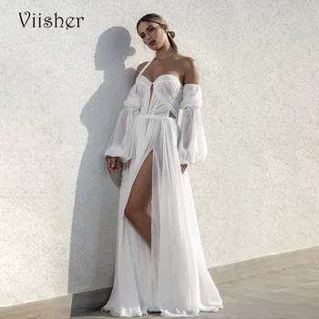 Сватбени рокли от бял шифон Viisher с цепка отстрани, сексуална булката рокля с цепка отстрани, дълги плажни сватбени рокли в стил бохо по поръчка