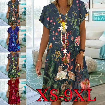 Секси лятна рокля с V-образно деколте и къс ръкав с принтом, модерно ежедневна рокля с къс ръкав, по-големи размери XS-9XL