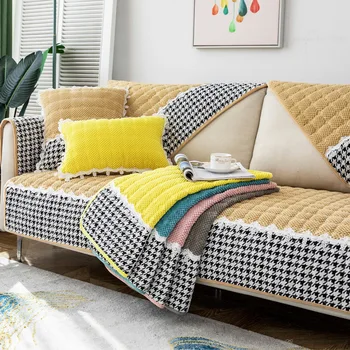 Сиви карирани калъф за мека мебел, мека възглавница за диванного кърпи, плюшени ъглови калъфи за мека мебел за вашия интериор, дневна, нескользящий калъф за дивана
