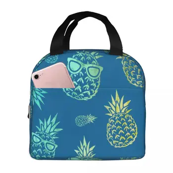 Синя тропическа акварел чанта за обяд с ананас, преносим изолиран Оксфордския охладител, термос за пикник, работен обяд-бокс за жени и деца