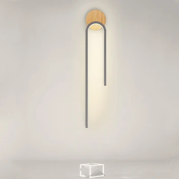 Скандинавски дървен стенен лампа, изчистен led лампа с дълга ивица, сиво-бял фон, лампа за дневна, спалня, кабинет, декоративни осветителни тела