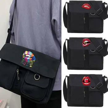 Скъпа холщовая малка чанта дамски 2023 Нова японската диагонално чанта в стил харадзюку, чанта на рамото за дивата студентска момичета, чанти с принтом устата за жените