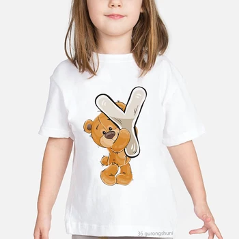 Сладък мечка и азбука с анимационни принтом, прием на 2021 г., тениска за момичета, детски риза, костюм за рождения ден, летни потници, тениски за момчета