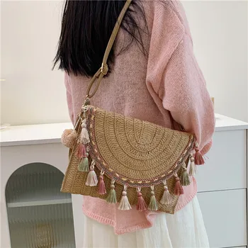Сламена чанта ръчна изработка, чанта за носене в етнически стил, чанта на едно рамо, плажна мода ежедневна чанта в стил ретро