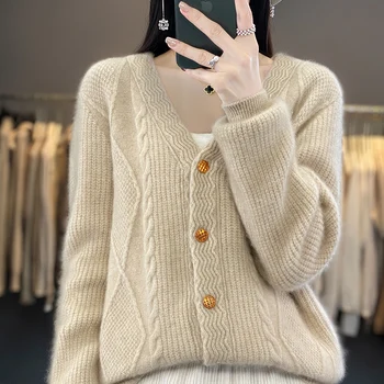 Случайни жилетка с V-образно деколте, дамски пуловер от 100% чиста вълна, однотонное вязаное есенно-зимно палто с дълъг ръкав, пуловер, Новост
