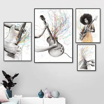 Стенни рисуване с цветни нотки на пиано, готино момиче свири на китара, плакати и щампи, стенни пана в скандинавски стил за домашен интериор дневна