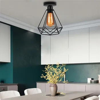 Тавана лампа с подово монтиране E27, ретро черно промишлен тавана лампа, притежателят на диамант форма за веранда, антре, кухненски стълби