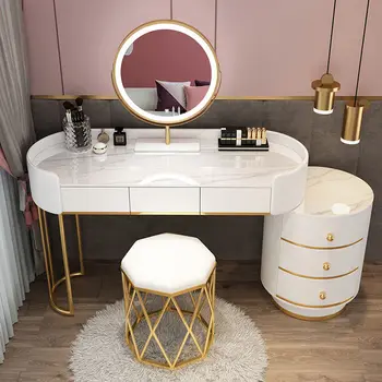 Тоалетка Mordern от бяло злато, тоалетка с огледало, масичка за грим с led подсветка, 6 кутии за спални, мебели за дома