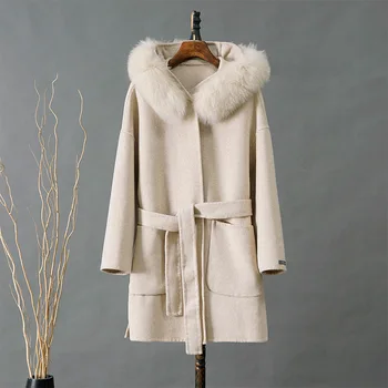 Топ модни 80/100 естествена вълна палто от естествена кожа зимно дамско яке с яка от естествен лисьего кожа оверсайз дамски връхни дрехи