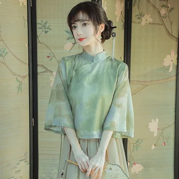Традиционната китайска танкостюмная пола Hanfu, класическа окото на женската риза с принтом, танское палто с елегантна блуза, рокля, дрехи, ориенталски костюм