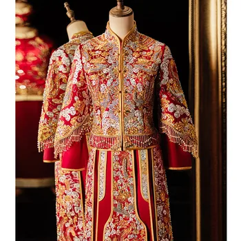 Традиционно облекло на булката с кристали, сватбена рокля с бродерия на китайски дракон и феникс в ретро стил Рокля