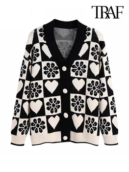 ТРАФИКА, женски модерен жаккардовый жилетка свободна плетени, пуловер, Реколта на горно облекло с дълги ръкави и копчета, шик върховете