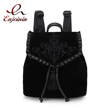 Тъмно кадифе раница в стил харадзюку, надпревара планината на вещиците готическата магическа бродерия, черен дизайн в стил пънк-рок, женски раница, чанта, голяма пазарска чанта през рамо