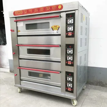 Търговски газова печка, трехслойная, с шест тарелками, богат на функции, предназначена за време на машина за приготвяне на торти с голям капацитет, фурна, пиццоматка