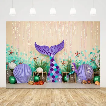 Фон за снимки Mehofond, лилаво опашка на русалка, категория на партито по случай рождения ден на момиче, декор от морски водорасли и морски звезди, фон за снимки, студиен стойка