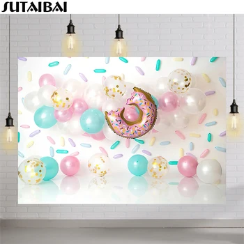 Фон за снимки Поничка растат балони момиче на 1-ви рожден ден торта разбият портрет Декор на Фона Фотобудка студио подпори