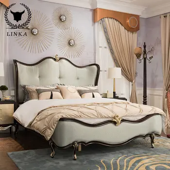 Френска неоклассическая кожено легло от масивно дърво, европейската спалня, тъканно двойно легло, проста, лесна, луксозно легло принцеса E5