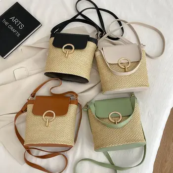 Чанти-кофи от изкуствена кожа с плетени от слама, скъпа чанта-тоут голям капацитет, плажни чанти, чанта през рамо за пазаруване