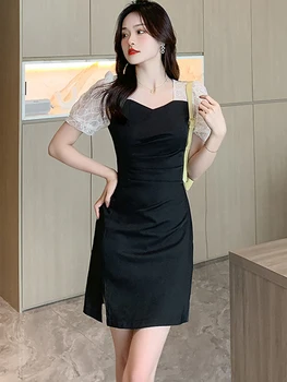 Черна мини рокля в стил мозайка с пайети и мрежа с къс ръкав Женски корейското винтажное рокля Хепбърн 2023 Лятото елегантна дебнещ вечерна рокля