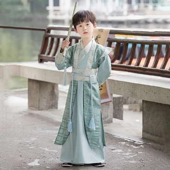 Черна рокля за сцена Hanfu с флорални принтом за момчета в китайски стил, костюм от епохата на Тан за малки момчета, детски древния традиционен костюм за деца