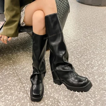 Черни Ботуши до Коляното от Матирана кожа на платформа, Однотонная Дамски Обувки с Кръгло бомбе, Обувки на Масивна Ток, 2023, Zapatos Para Mujere