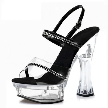 Черни дамски сандали на висок квадратен ток 14 см, сватбени сандали за танци в нощен клуб, прозрачни сандали на платформа, обувки
