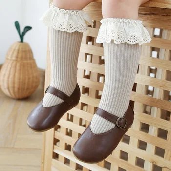Чорапи до коляното за малки момичета, чорапи за бебета, чорапи за деца, гамаши, обикновена памучни разтеглив сладки дълги чорапи с кружевными накъдрен