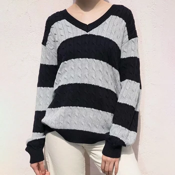 Шарен пуловер с V-образно деколте, реколта памучни пуловери за момичета, есенна мода 2021, дамски шик екипировки оверсайз, свободни пуловери