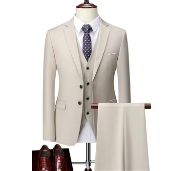 (Яке + жилетка + Панталони) Мъжки костюм в две копчета, Официално облекло, Корейски Монтиране костюм от висок клас, Сватбен Бизнес Ежедневния костюм на Младоженеца, Мъжки Смокинг