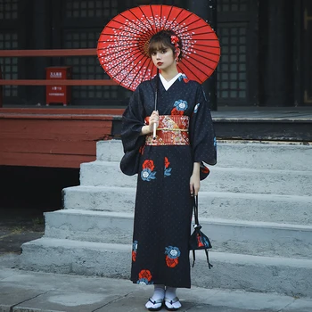 Японското Женски Оригинално Рокля Юката Традиционно Кимоно За изпълнения на Танцови Костюми Черен Цвят Два Размера