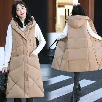 Жена жилетка без ръкави, дълга пуховик, обикновена жилетка с качулка, новост 2023 година, корейски жилетки с подплата, свободни дамски модни ежедневни зимни палта