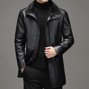 Мъжко кожено яке Haining Leather, есенно-зимна кожена ветровка средна дължина, топло меховое цельнокроеное палто